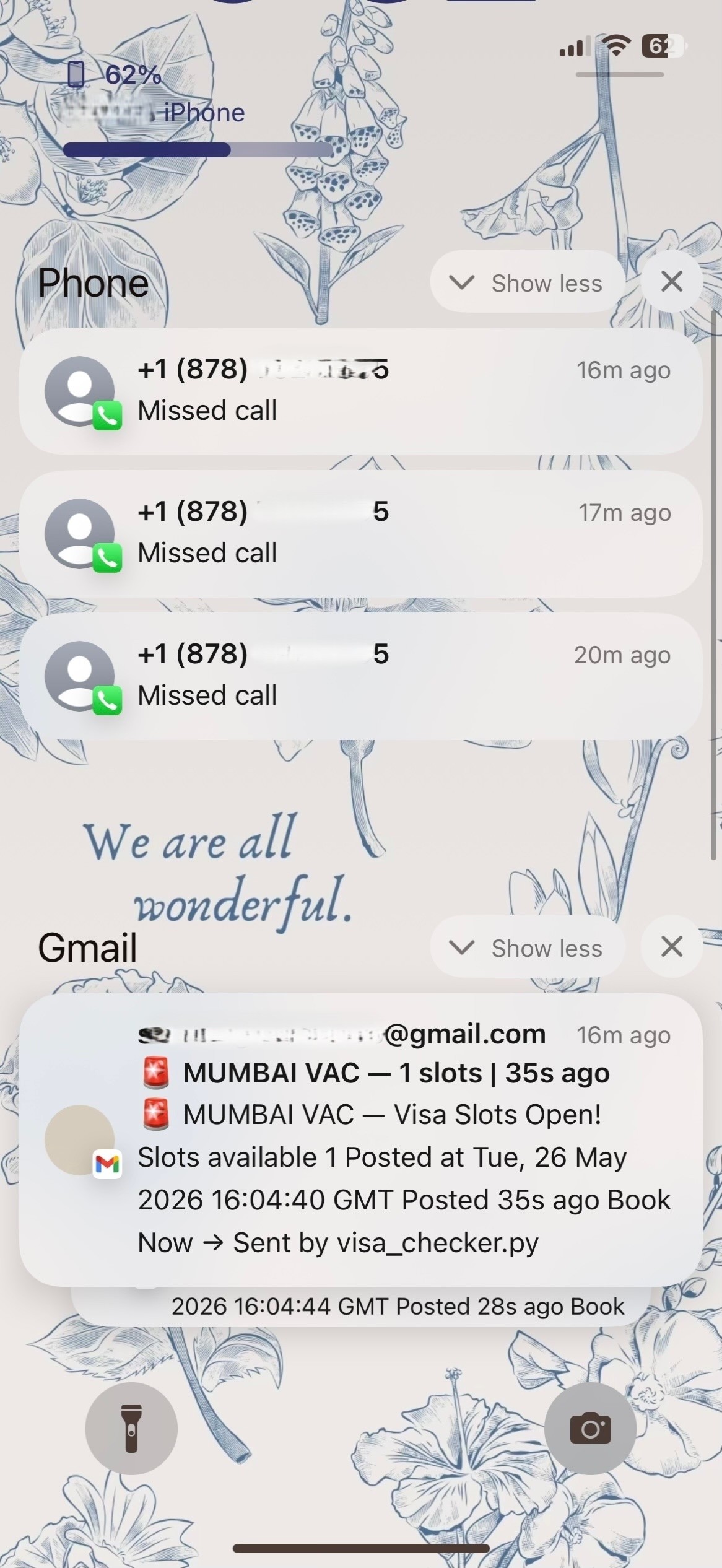 Real F1Alerts notification — 3 missed calls and Gmail alert for MUMBAI VAC slot opening