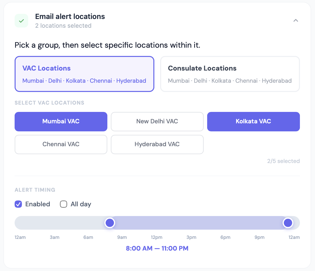 F1Alerts — pick locations and set alert timing